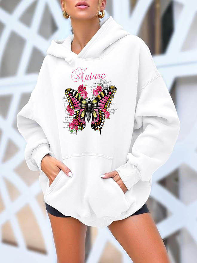 Butterfly among flowers Cotton Hooded Collar Pullover Sweatshirts Casual Long Sleeve Shirts