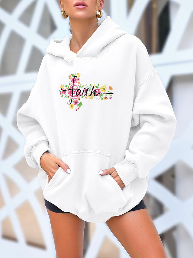 Hand drawn flowers Cotton Hooded Collar Pullover Sweatshirts Casual Long Sleeve Shirts