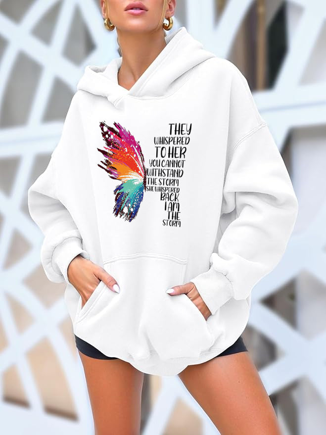 Half a colorful butterfly Cotton Hooded Collar Pullover Sweatshirts Casual Long Sleeve Shirts