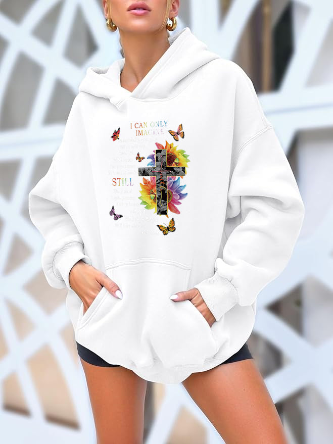 Cross on flowers Cotton Hooded Collar Pullover Sweatshirts Casual Long Sleeve Shirts