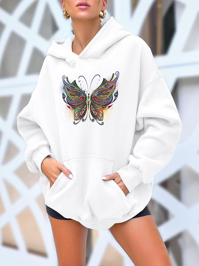 Color Butterfly Cotton Hooded Collar Pullover Sweatshirts Casual Long Sleeve Shirts