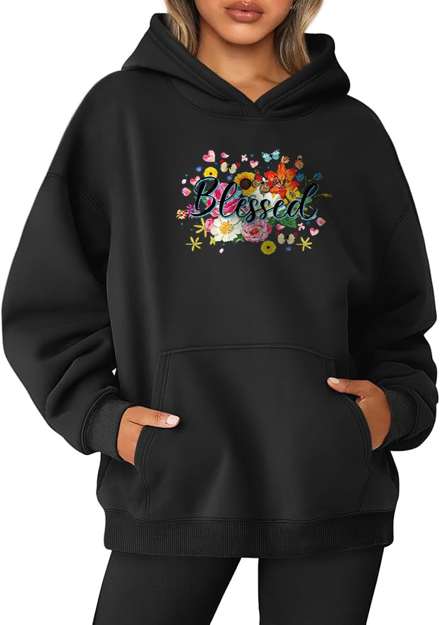 Flowers Cotton Hooded Collar Pullover Sweatshirts Casual Long Sleeve Shirts