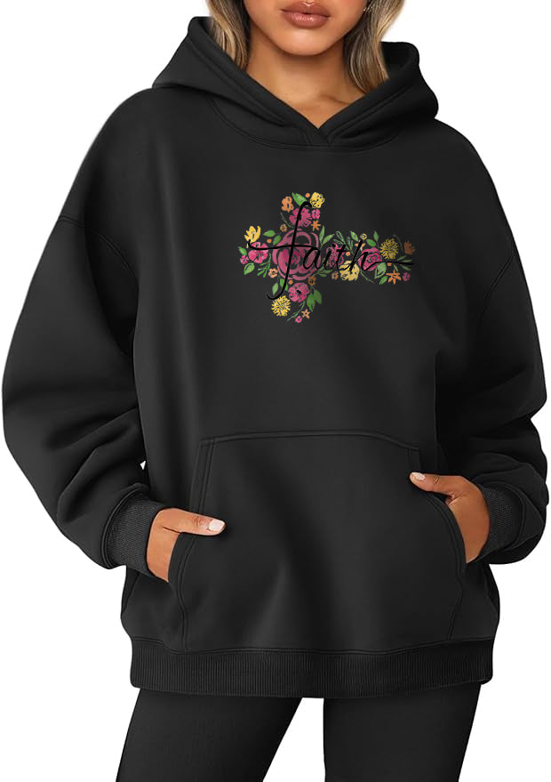 Hand drawn flowers Cotton Hooded Collar Pullover Sweatshirts Casual Long Sleeve Shirts