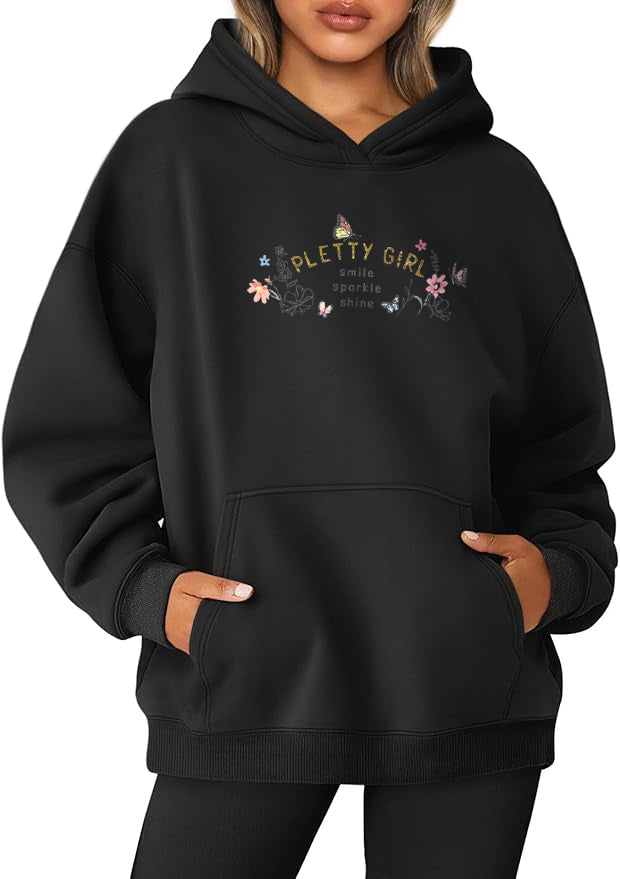 PLETTY GIRL Cotton Hooded Collar Pullover Sweatshirts Casual Long Sleeve Shirts