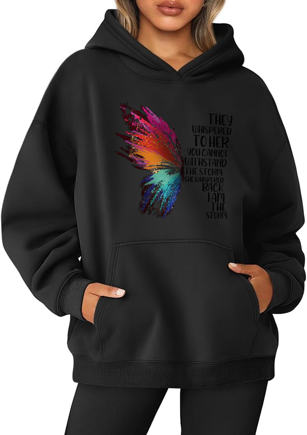 Half a colorful butterfly Cotton Hooded Collar Pullover Sweatshirts Casual Long Sleeve Shirts