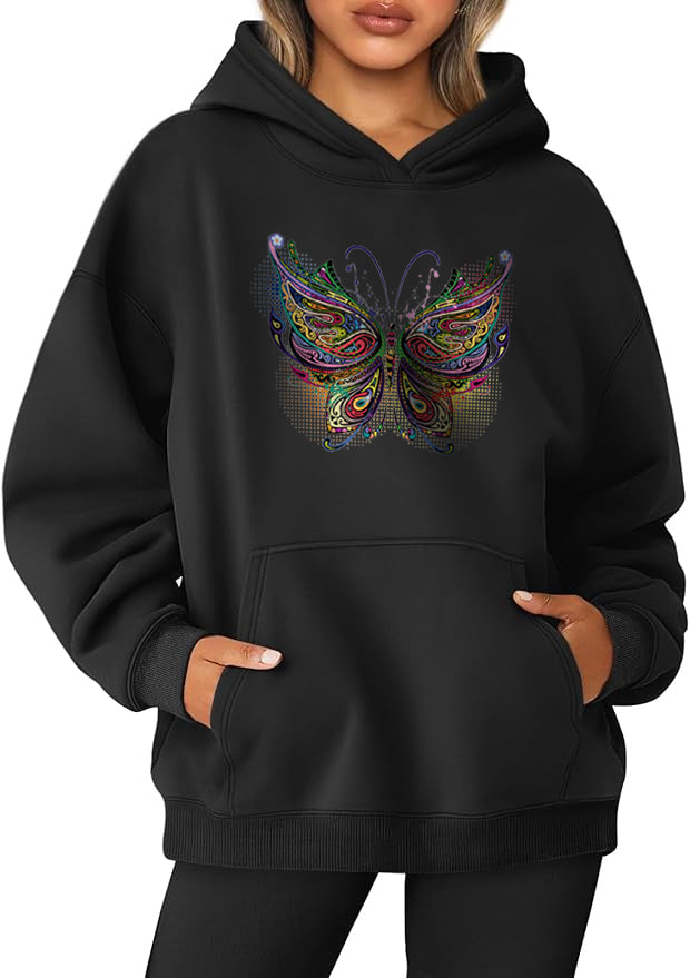 Color Butterfly Cotton Hooded Collar Pullover Sweatshirts Casual Long Sleeve Shirts