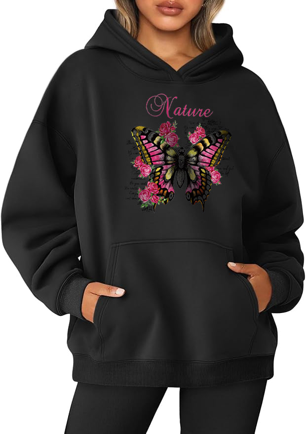 Butterfly among flowers Cotton Hooded Collar Pullover Sweatshirts Casual Long Sleeve Shirts