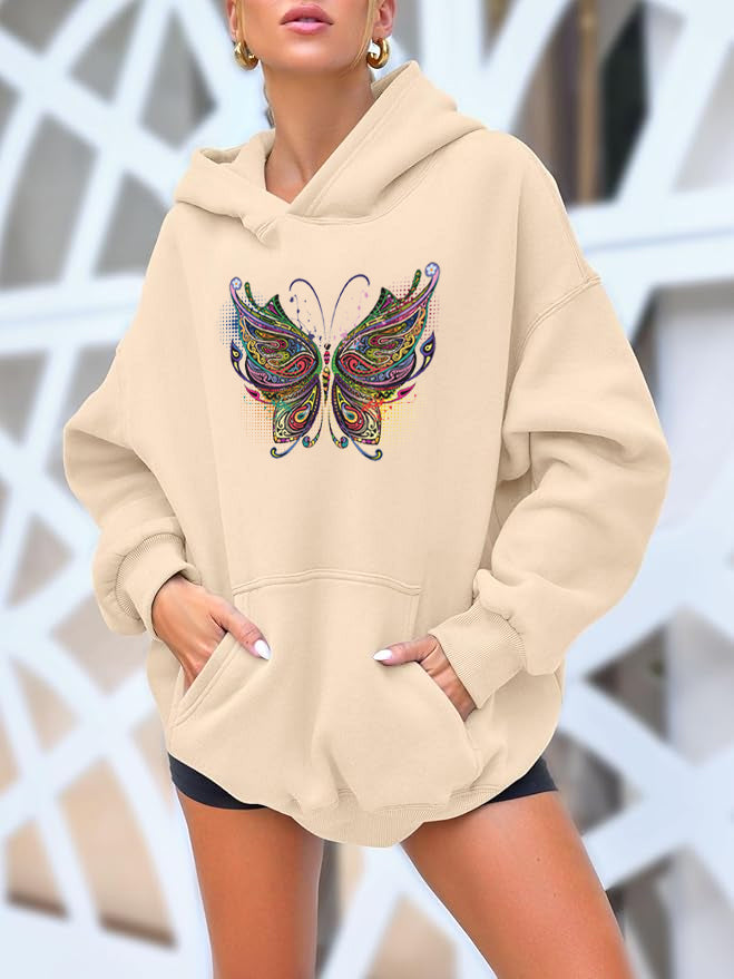 Color Butterfly Cotton Hooded Collar Pullover Sweatshirts Casual Long Sleeve Shirts