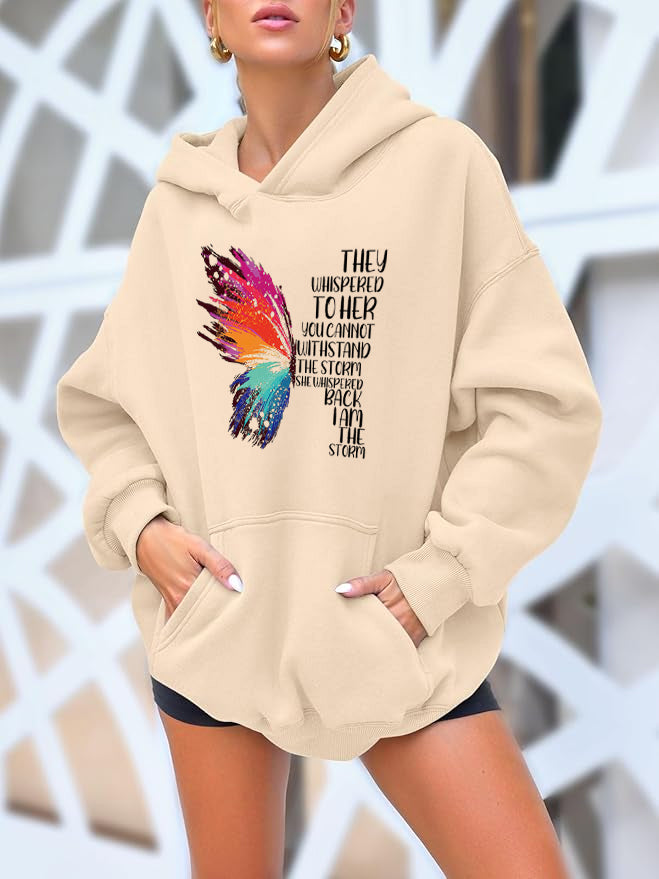 Half a colorful butterfly Cotton Hooded Collar Pullover Sweatshirts Casual Long Sleeve Shirts