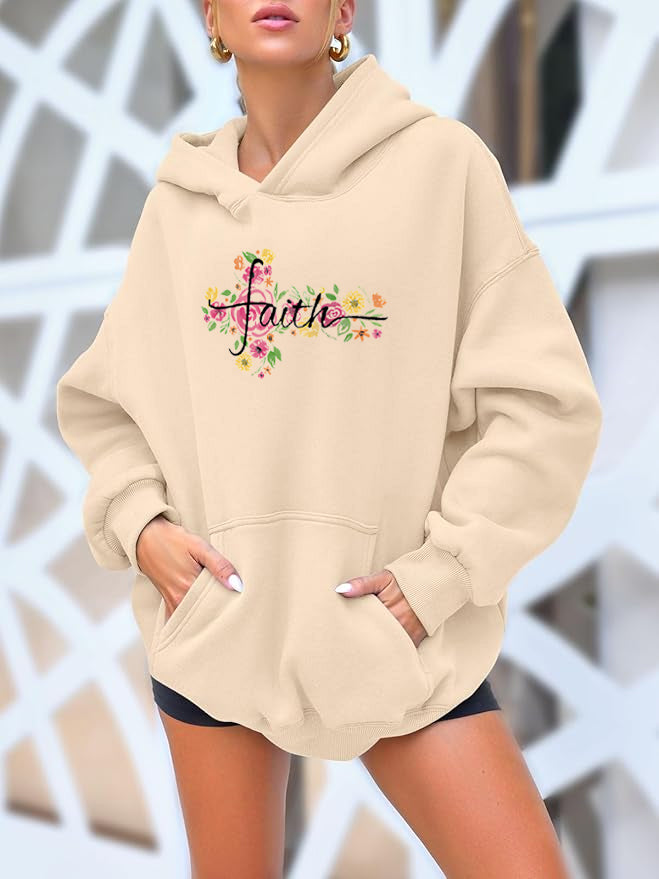 Hand drawn flowers Cotton Hooded Collar Pullover Sweatshirts Casual Long Sleeve Shirts