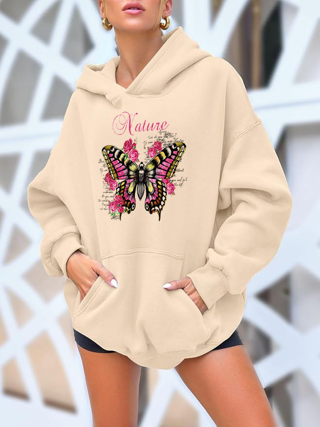 Butterfly among flowers Cotton Hooded Collar Pullover Sweatshirts Casual Long Sleeve Shirts