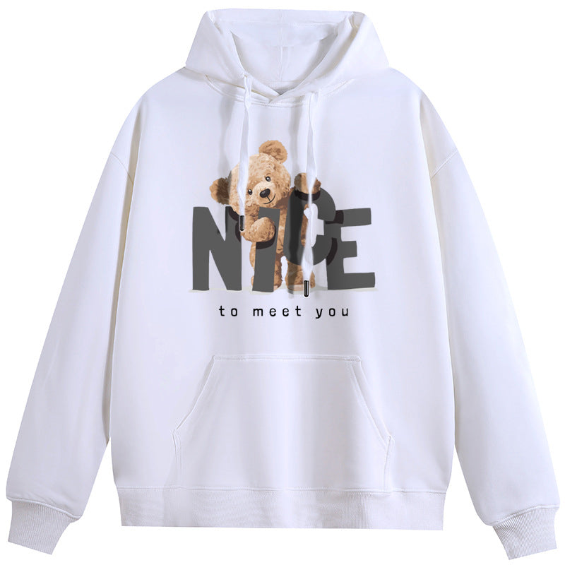 Nice Bear Plush Hooded Collar Drawstring Hoodies Pullover Sweatshirts Casual Long Sleeve Shirts