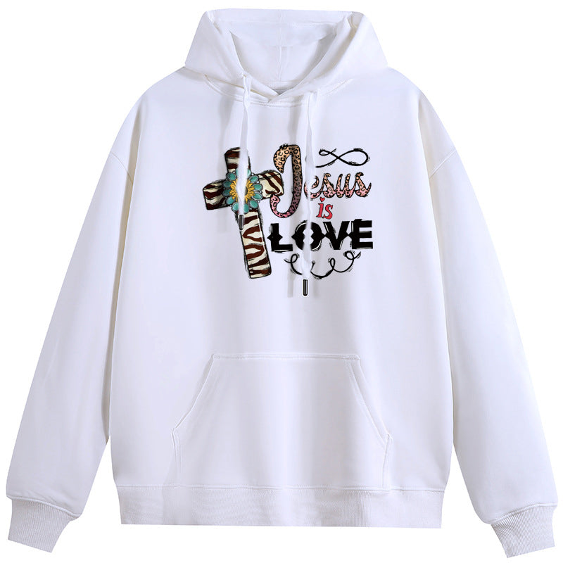 JESUS is love Plush Hooded Collar Drawstring Hoodies Pullover Sweatshirts Casual Long Sleeve Shirts