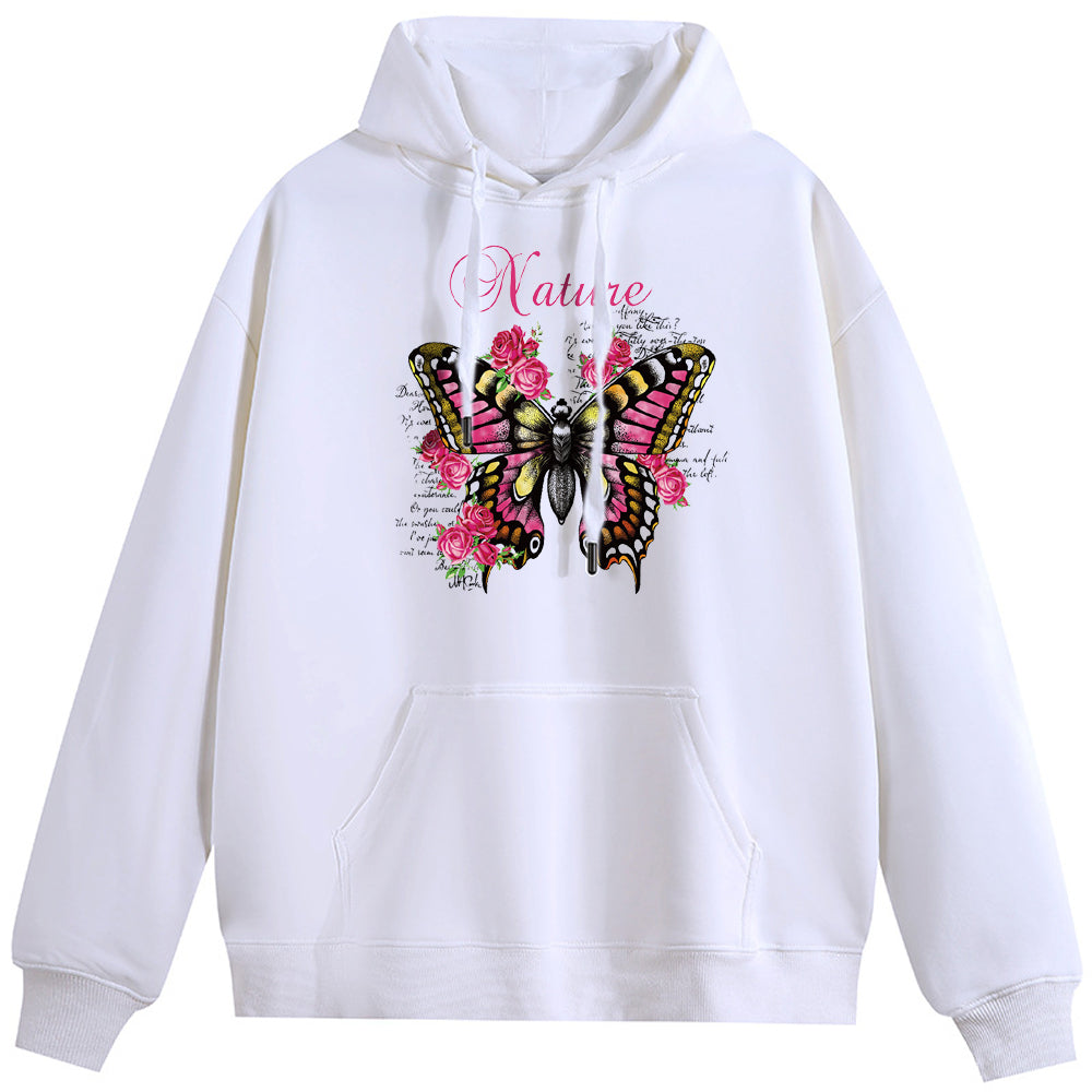 Butterflies and flowers Cotton Plush Hooded Collar Drawstring Hoodies Pullover Sweatshirts Casual Long Sleeve Shirts