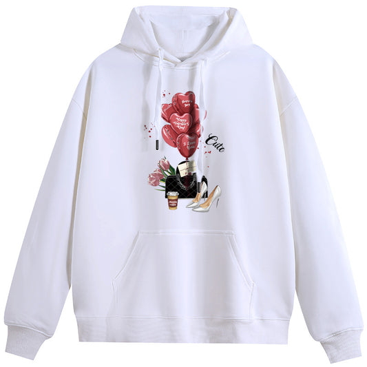 Heart shaped red balloon Cotton Plush Hooded Collar Drawstring Hoodies Pullover Sweatshirts Casual Long Sleeve Shirts