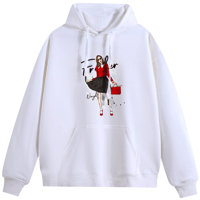 Modern girl in red Cotton Plush Hooded Collar Drawstring Hoodies Pullover Sweatshirts Casual Long Sleeve Shirts