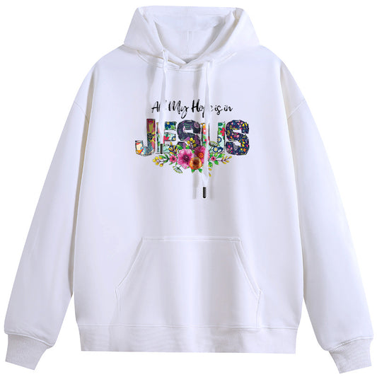 Jesus in the Flowers Cotton Plush Hooded Collar Drawstring Hoodies Pullover Sweatshirts Casual Long Sleeve Shirts