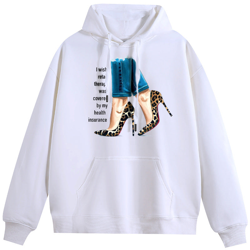 Fashion High Heels Plush Hooded Collar Drawstring Hoodies Pullover Sweatshirts Casual Long Sleeve Shirts