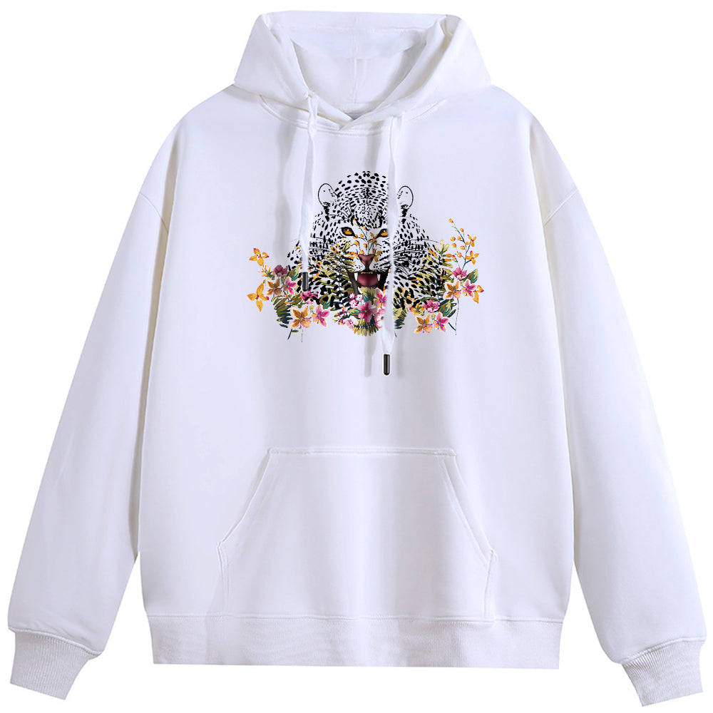 Tiger in the flowers Cotton Plush Hooded Collar Drawstring Hoodies Pullover Sweatshirts Casual Long Sleeve Shirts