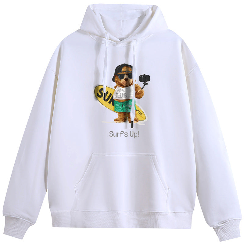 Skateboard Bear  Unisex Plush Hooded Collar Drawstring Hoodies Pullover Sweatshirts Casual Long Sleeve Shirts