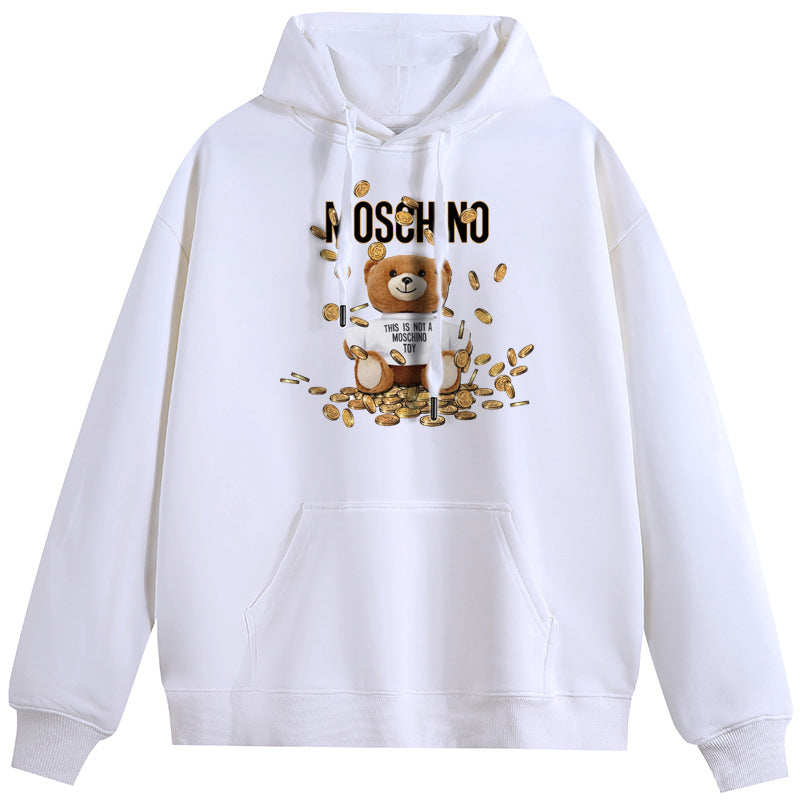 A Rich Bear Plush Hooded Collar Drawstring Hoodies Pullover Sweatshirts Casual Long Sleeve Shirts