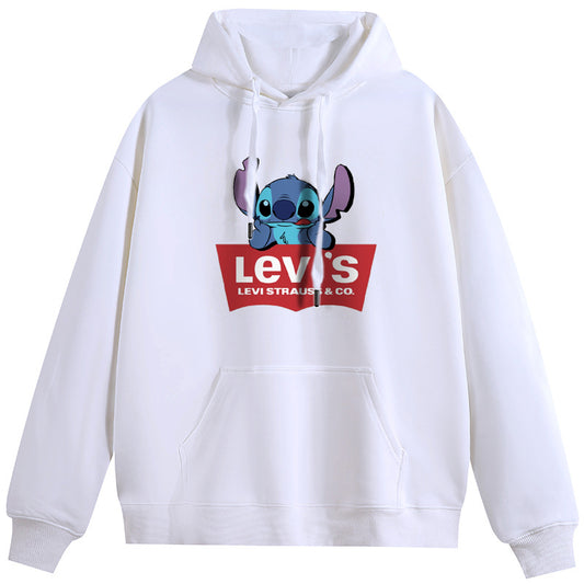 LEVIS Stitch  Unisex Plush Hooded Collar Drawstring Hoodies Pullover Sweatshirts Casual Long Sleeve Shirts