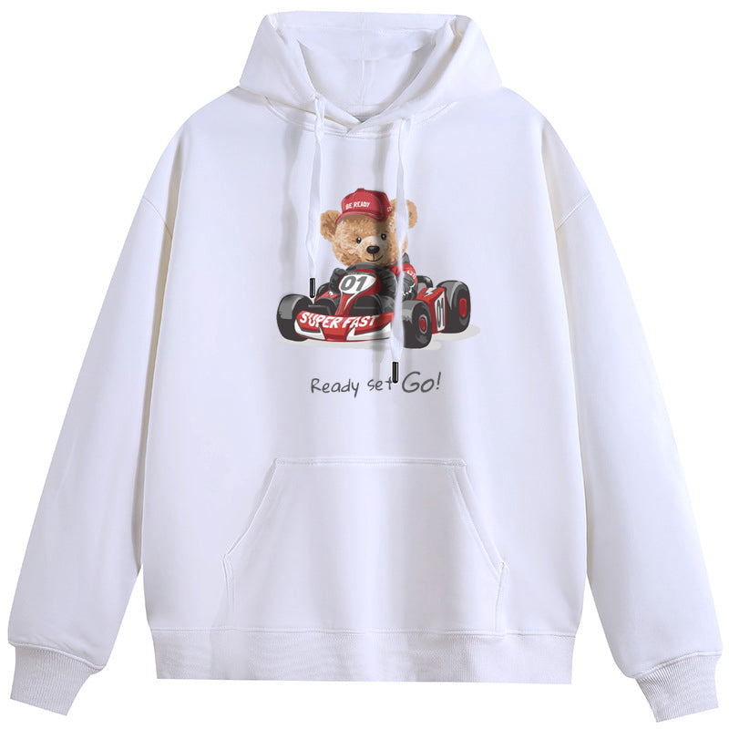 Racing Bear  Unisex Plush Hooded Collar Drawstring Hoodies Pullover Sweatshirts Casual Long Sleeve Shirts