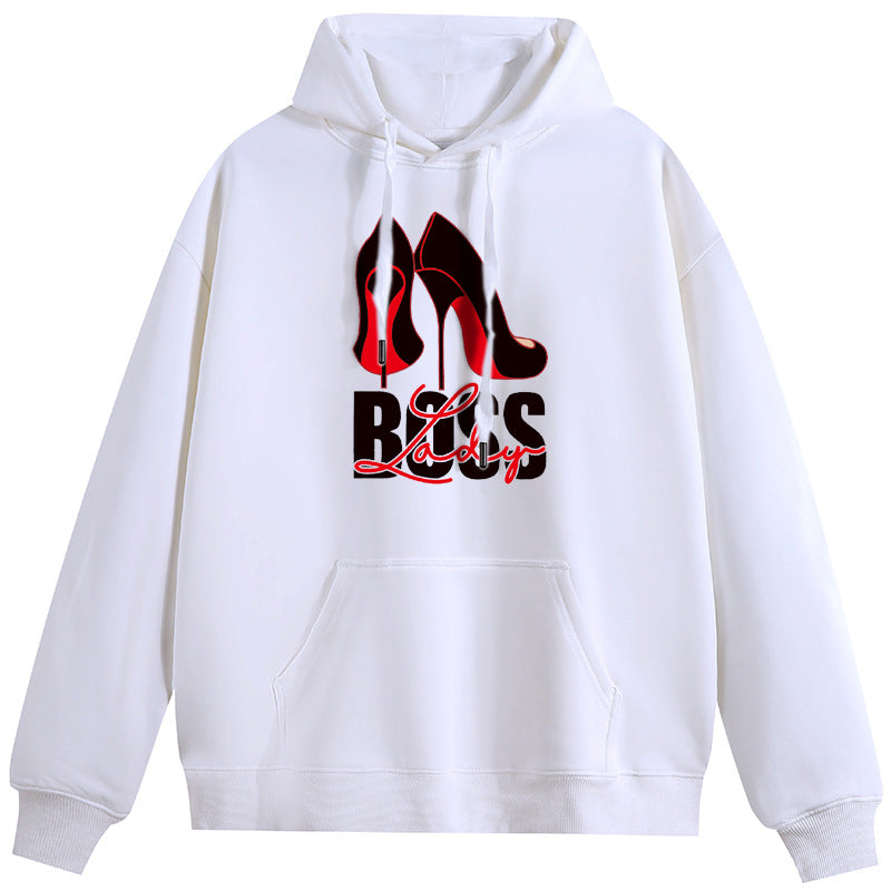 Lady Boss Plush Hooded Collar Drawstring Hoodies Pullover Sweatshirts Casual Long Sleeve Shirts