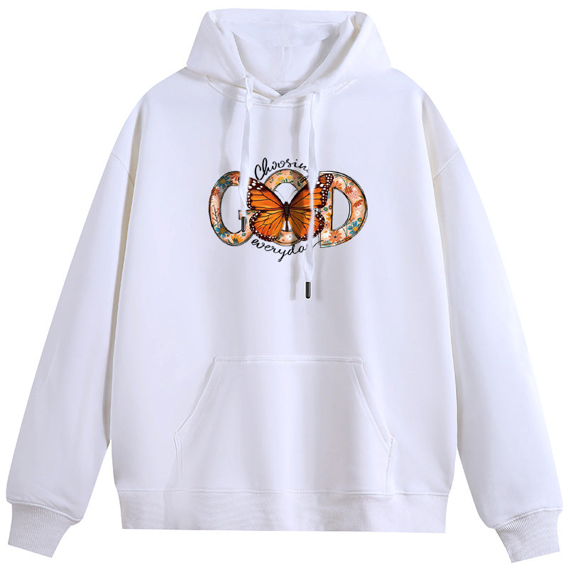 God Behind the Butterfly Cotton Plush Hooded Collar Drawstring Hoodies Pullover Sweatshirts Casual Long Sleeve Shirts