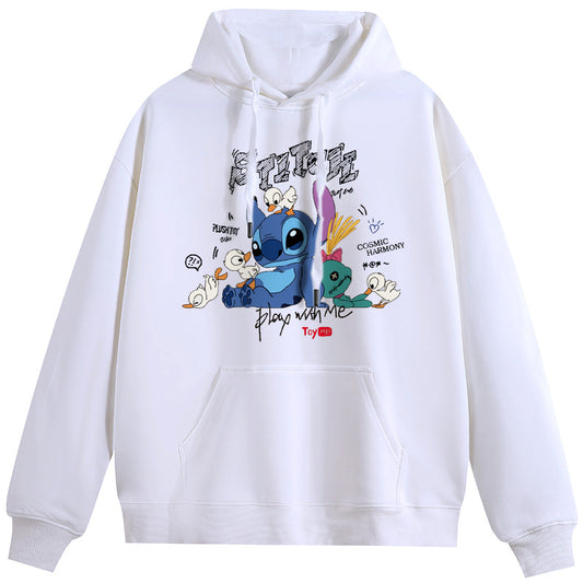 Duckling and Stitch  Unisex Plush Hooded Collar Drawstring Hoodies Pullover Sweatshirts Casual Long Sleeve Shirts