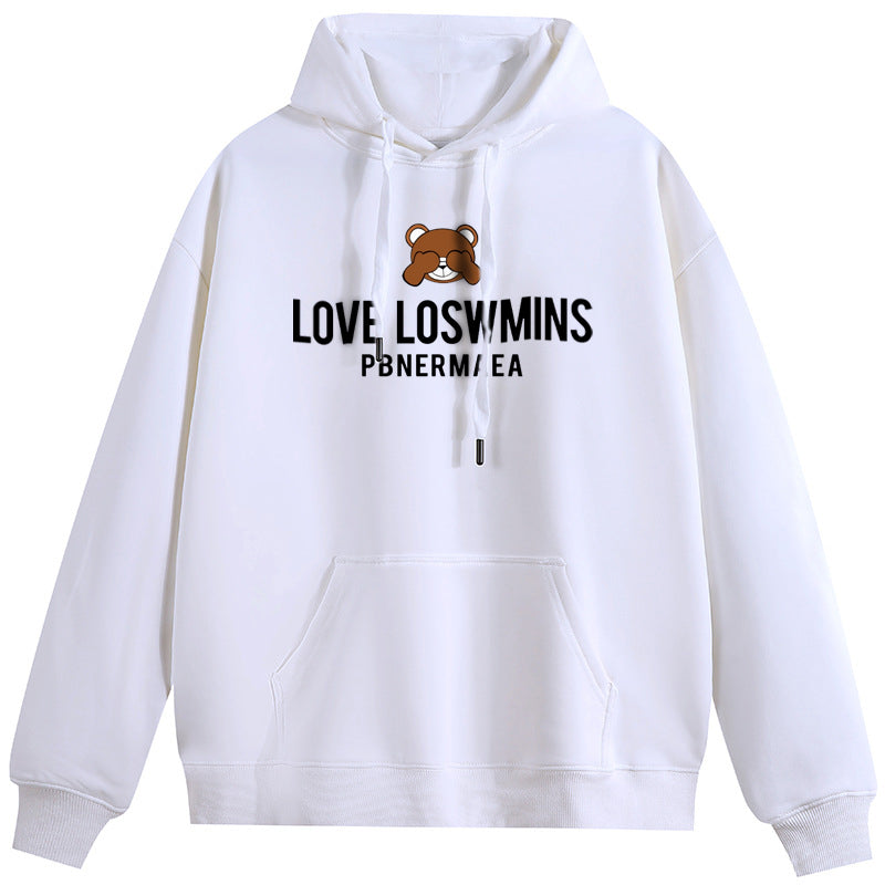 Love Bear Plush Hooded Collar Drawstring Hoodies Pullover Sweatshirts Casual Long Sleeve Shirts