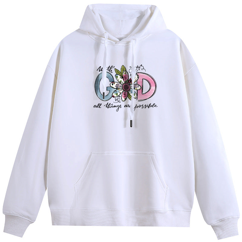 GOD Cotton Plush Hooded Collar Drawstring Hoodies Pullover Sweatshirts Casual Long Sleeve Shirts