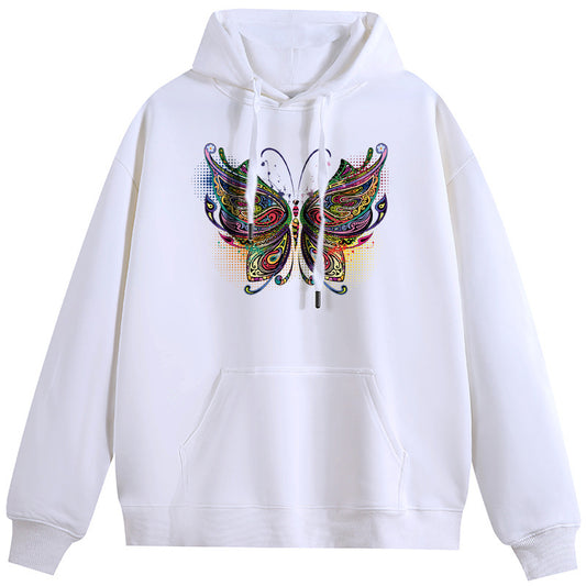 Color Butterfly Cotton Plush Hooded Collar Drawstring Hoodies Pullover Sweatshirts Casual Long Sleeve Shirts