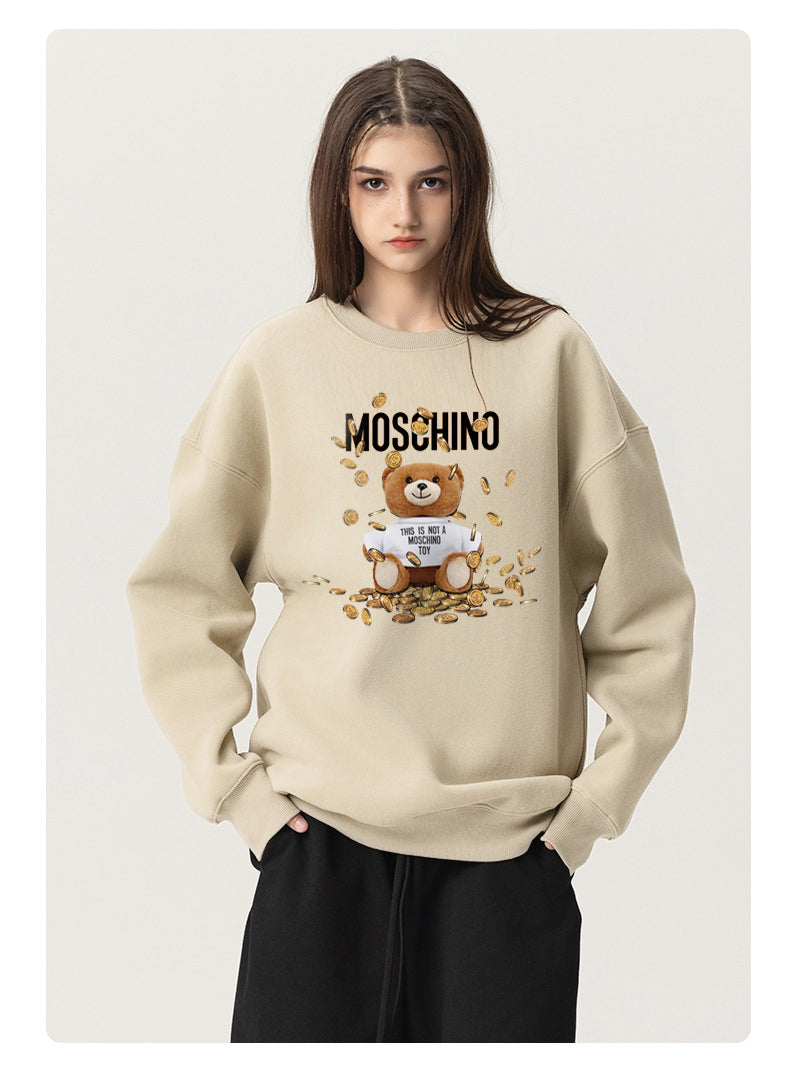 Cute Coin Teddy Bear Printed Unisex Crew Neck Fleece Hoodies Couple Sweatshirts