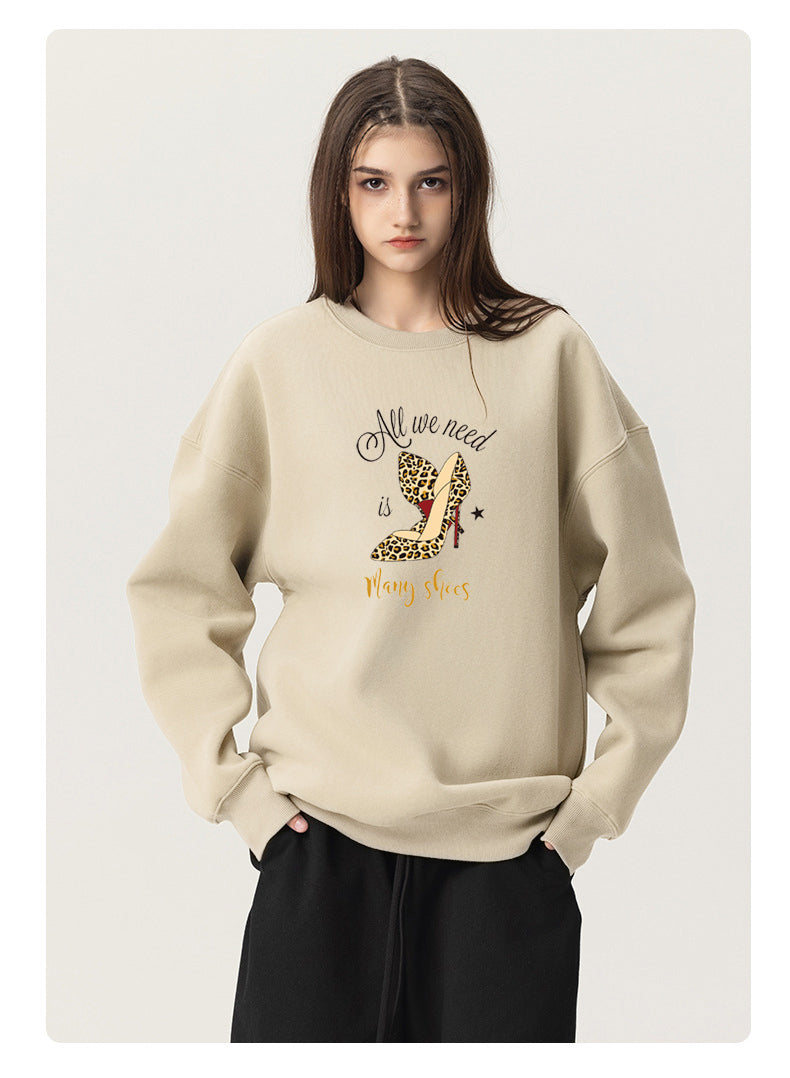 Leopard print high heels Cotton Crew Neck Hoodies Fleece Pullover Sweatshirts