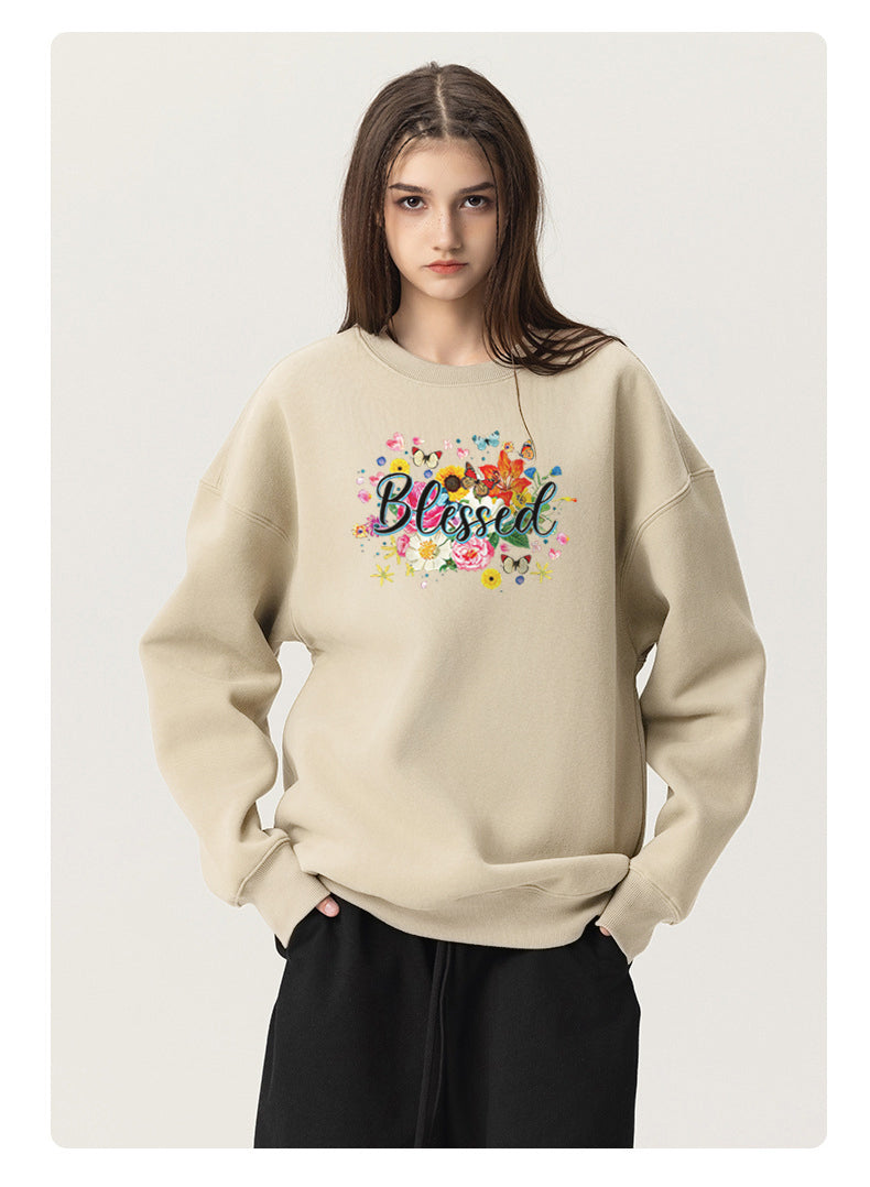 Butterfly in the flowers Cotton with Fleece Unisex Hoodies Crew Neck Sweatshirts