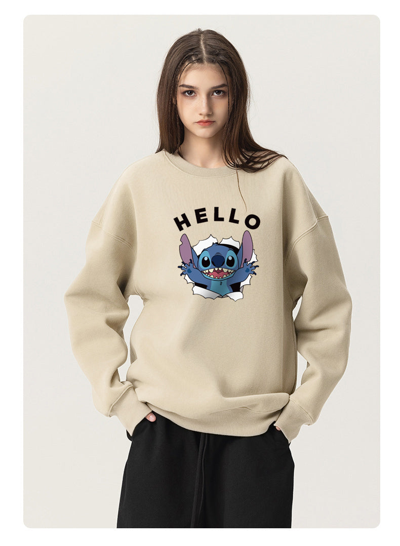 HELLO Stitch Cotton Crew Neck Hoodies Fleece Pullover Sweatshirts