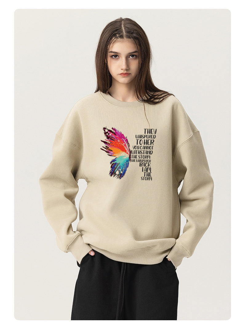 Half a colorful butterfly Cotton with Fleece Long Sleeve Hoodies Crew Neck Couple Gifts