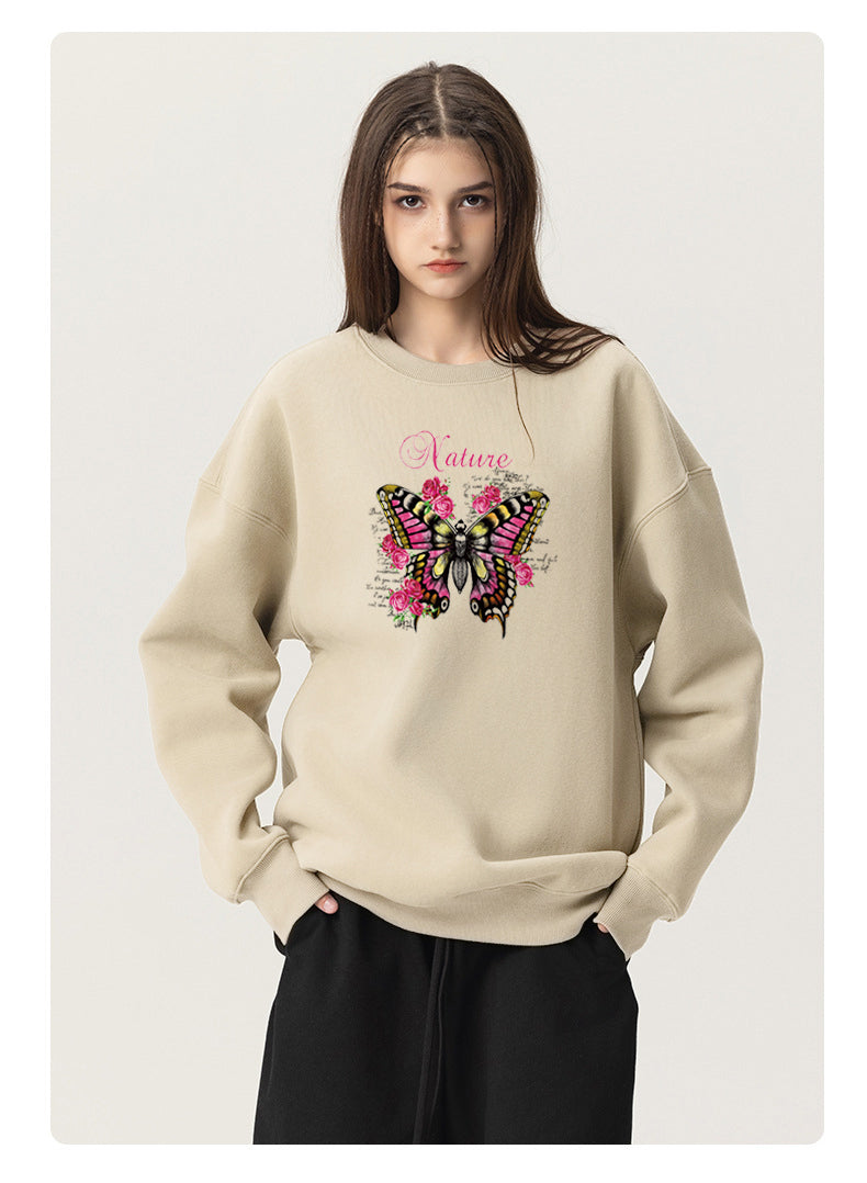 Butterfly among flowers Cotton with Fleece Long Sleeve Hoodies Crew Neck Couple Gifts