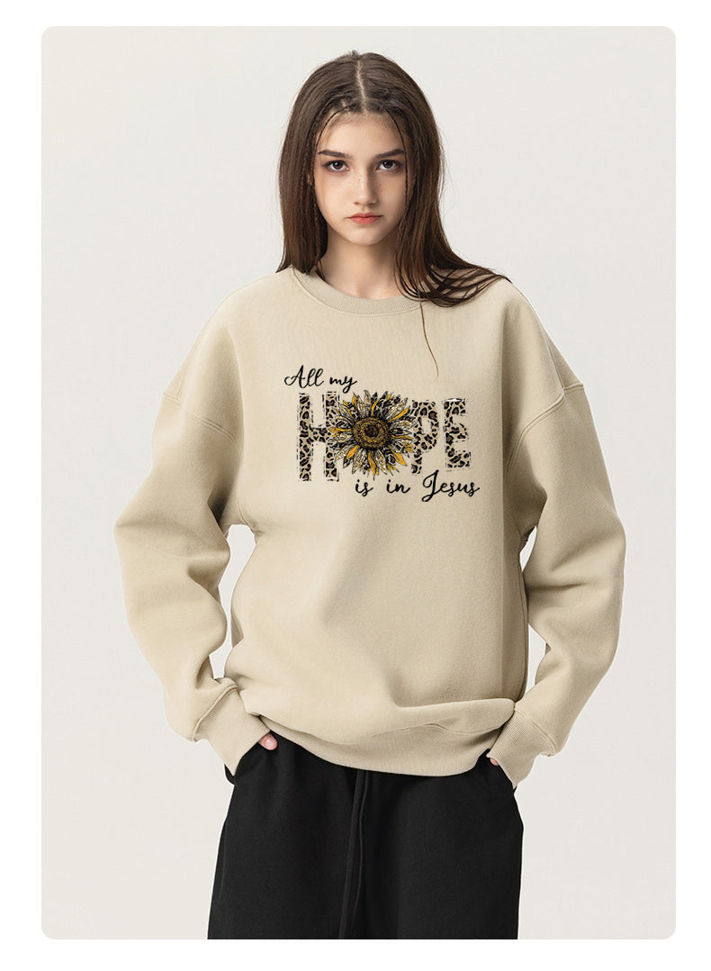 Hope Sunflower Cotton Crew Neck Hoodies Fleece Pullover Sweatshirts