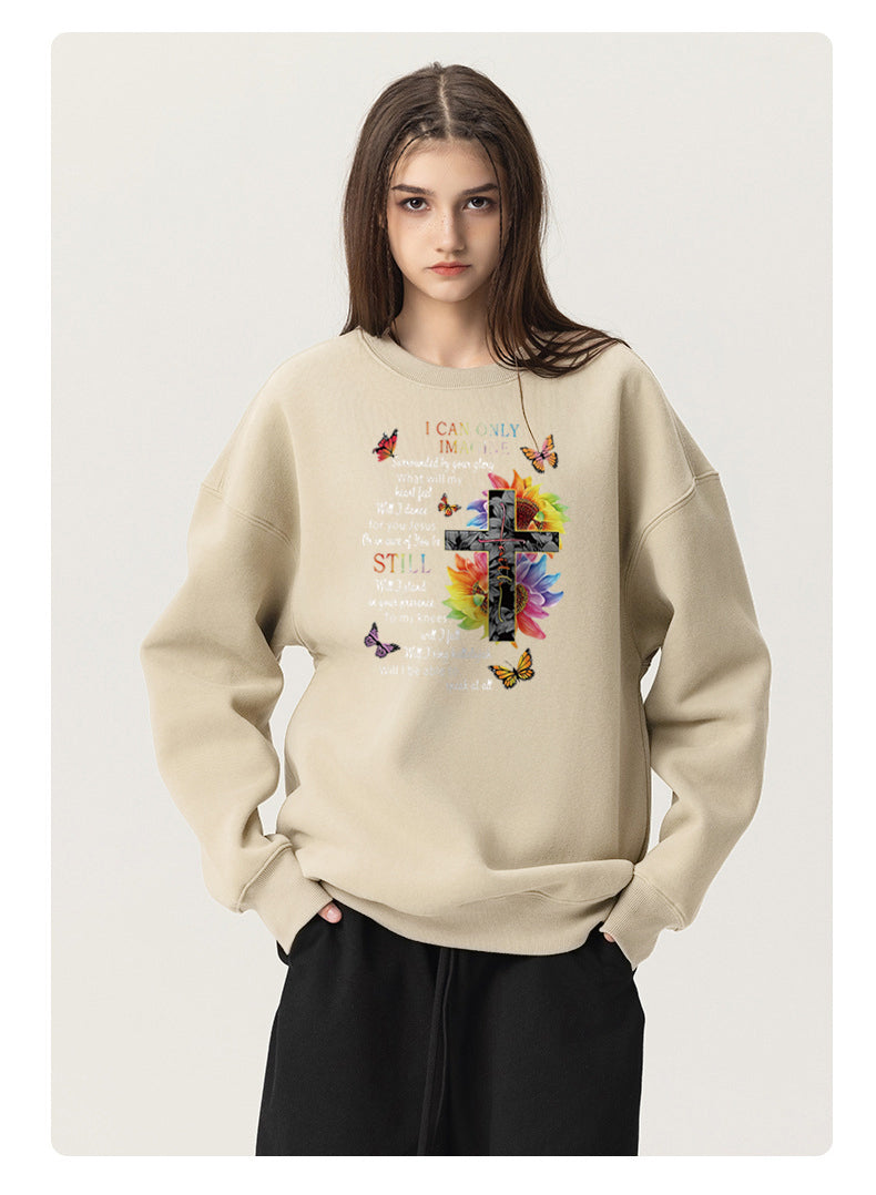 Cross among flowers Cotton with Fleece Unisex Hoodies Crew Neck Sweatshirts