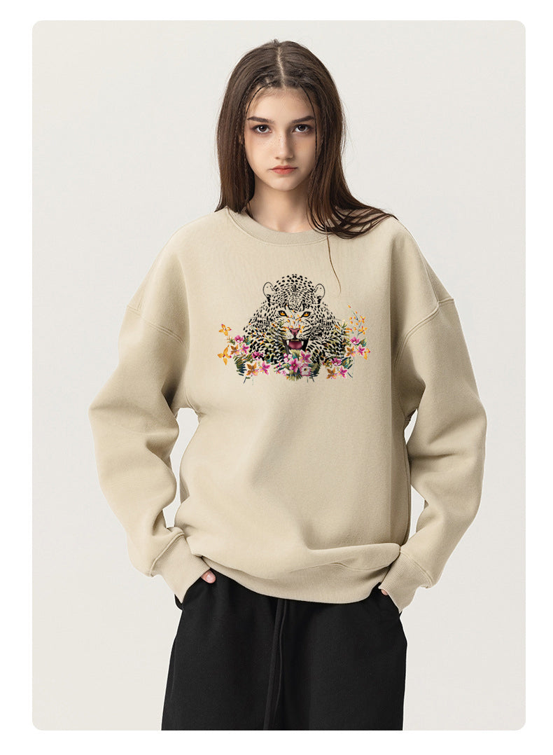 Tiger in the flowers Cotton with Fleece Long Sleeve Hoodies Crew Neck Couple Gifts