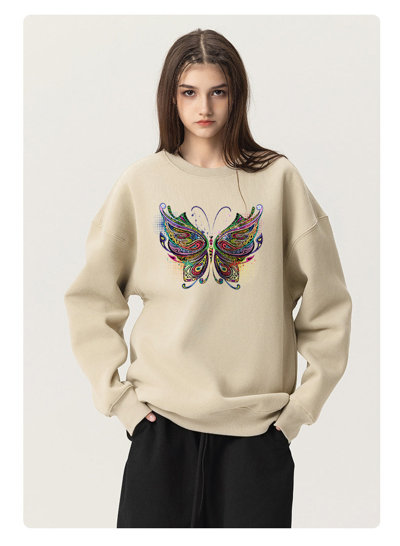 Color Butterfly Cotton with Fleece Long Sleeve Hoodies Crew Neck Couple Gifts