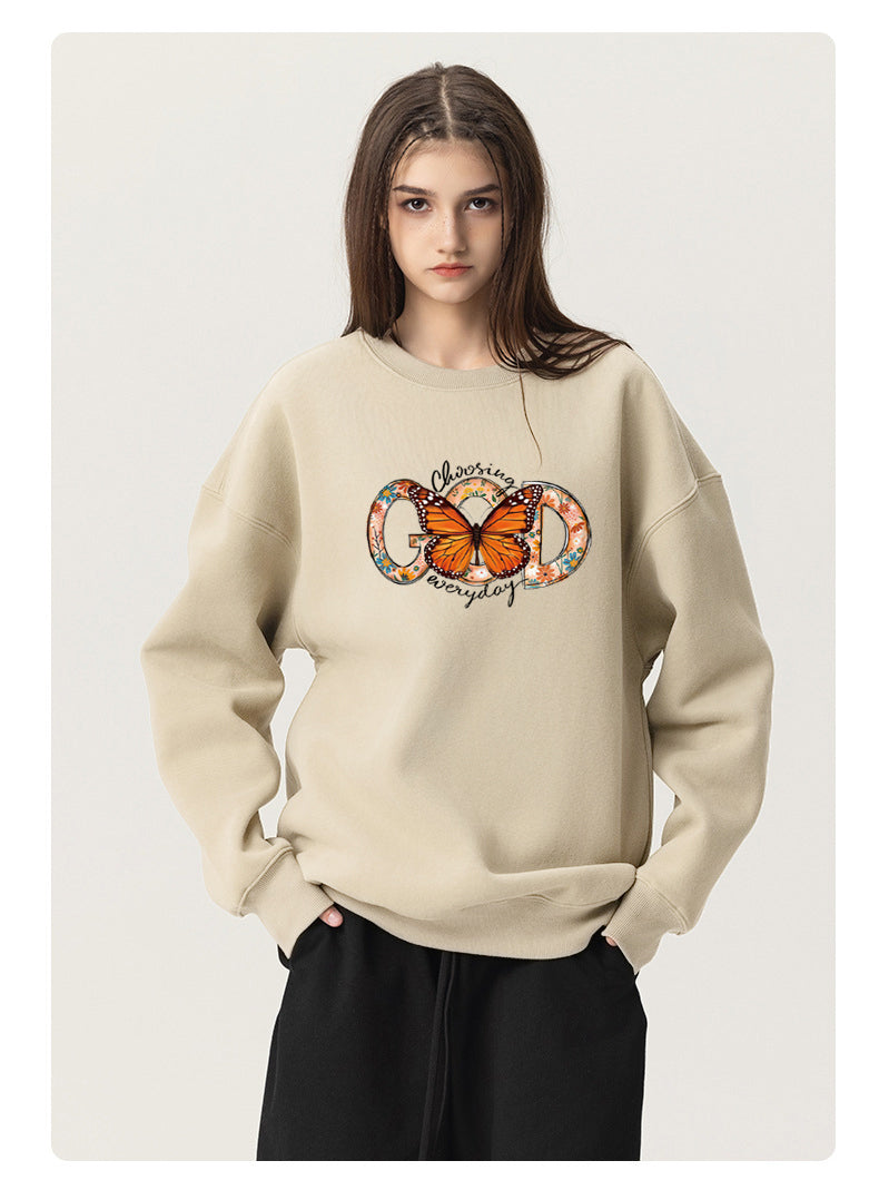 God Behind the Butterfly Cotton Crew Neck Hoodies Fleece Pullover Sweatshirts