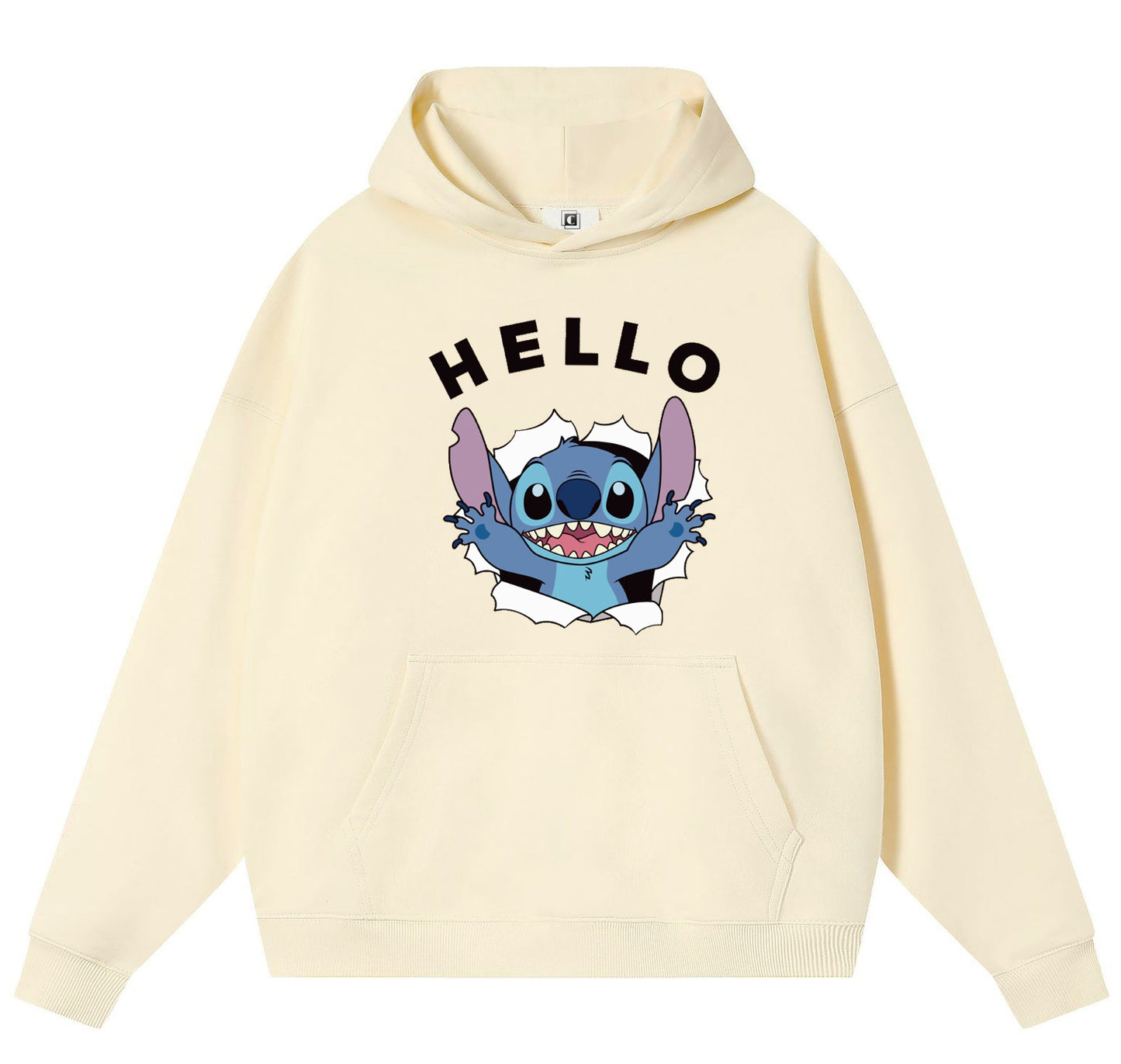 HELLO Stitch Cotton Hooded Collar Pullover Sweatshirts Casual Long Sleeve Shirts