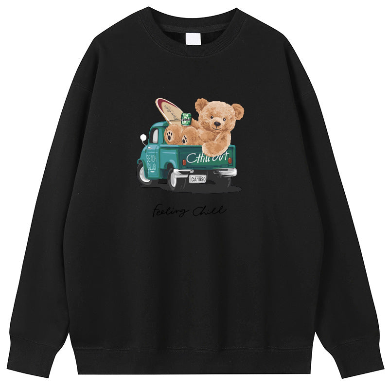 The Bear In a Car Cotton Crew Neck Hoodies Fleece Pullover Sweatshirts