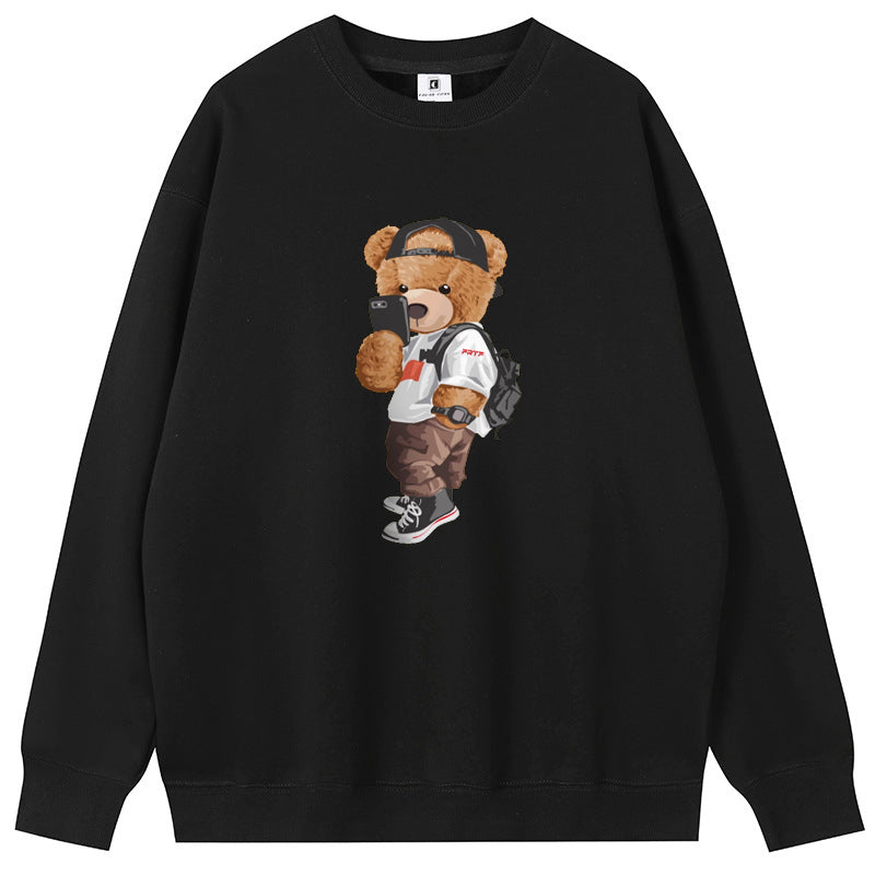 Taking Photos Bear Unisex Cotton Plush Crew Neck Hoodies Fleece Hooded Pullover Sweatshirts