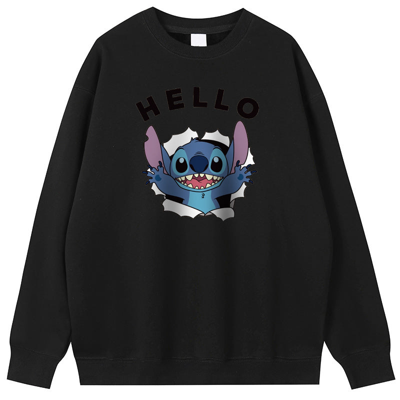 HELLO Stitch Cotton Crew Neck Hoodies Fleece Pullover Sweatshirts