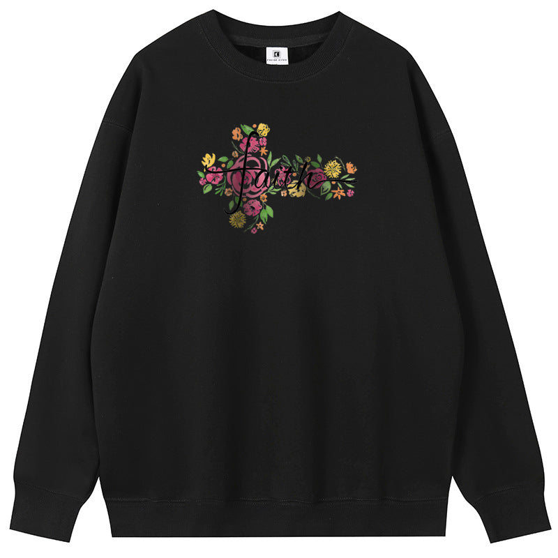 Hand drawn flowers Cotton with Fleece Unisex Hoodies Crew Neck Sweatshirts