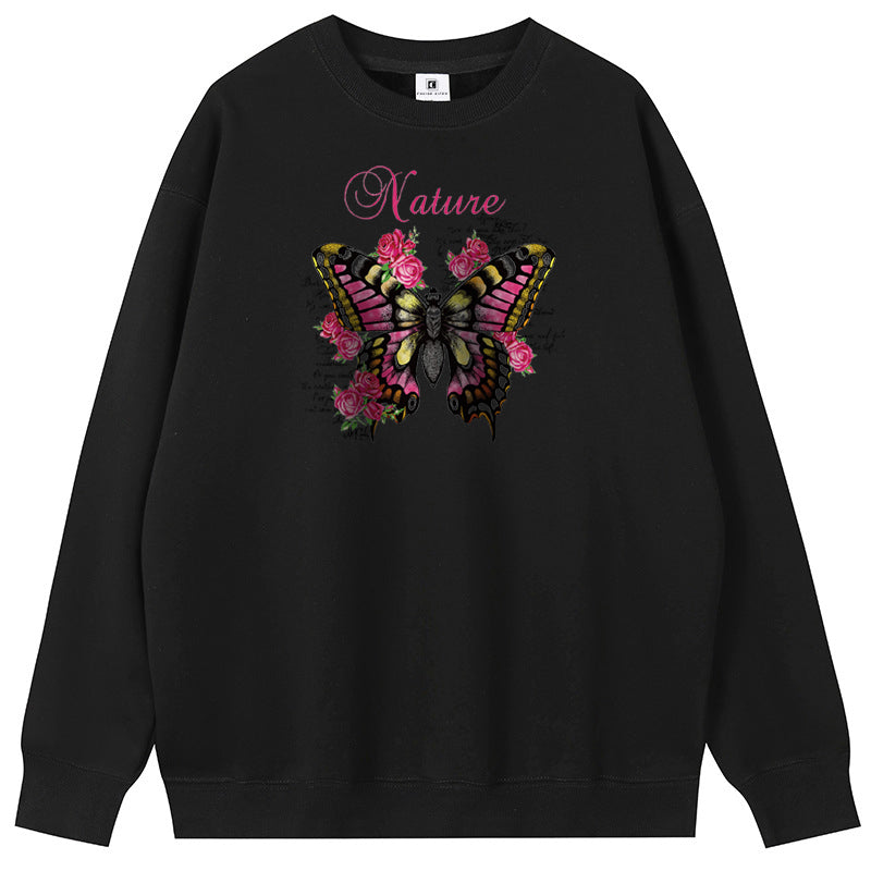 Butterfly among flowers Cotton with Fleece Long Sleeve Hoodies Crew Neck Couple Gifts